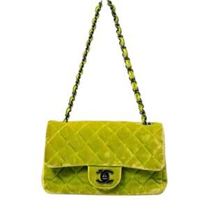 Chanel Velvet Quilted Interlocking CC Classic Flap Small Shoulder Bag Green